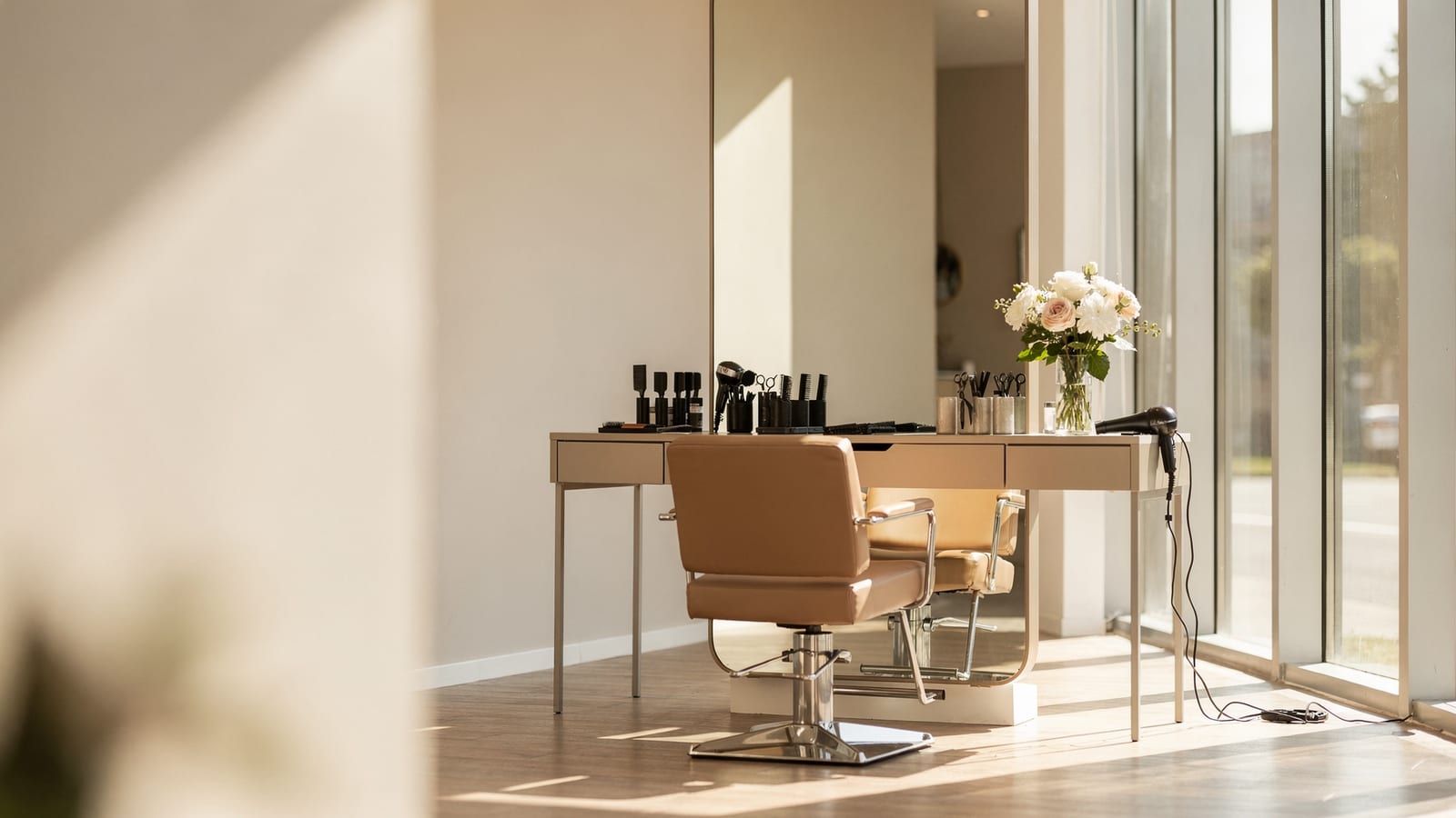 A sunlit styling chair waiting at the salon